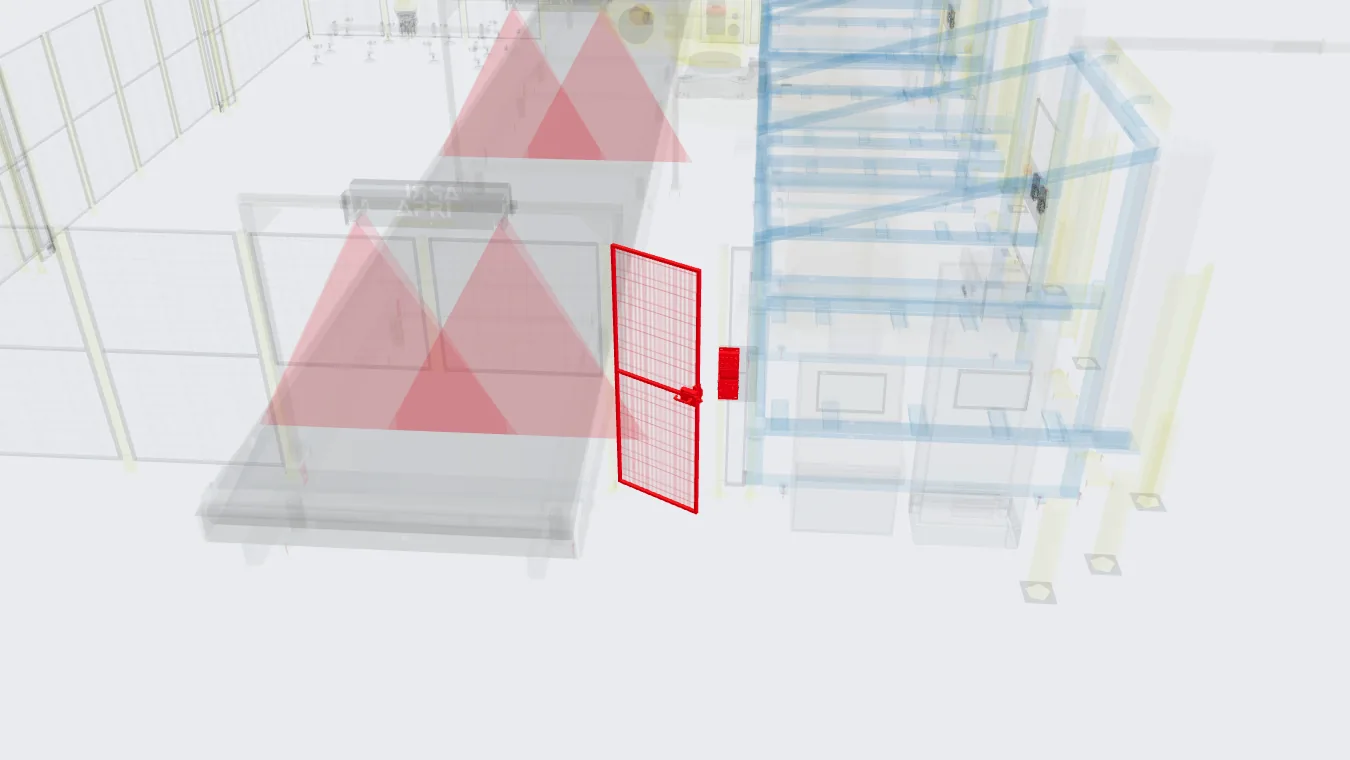 HMI 3D de la célula de racking marcando en rojo una puerta abierta